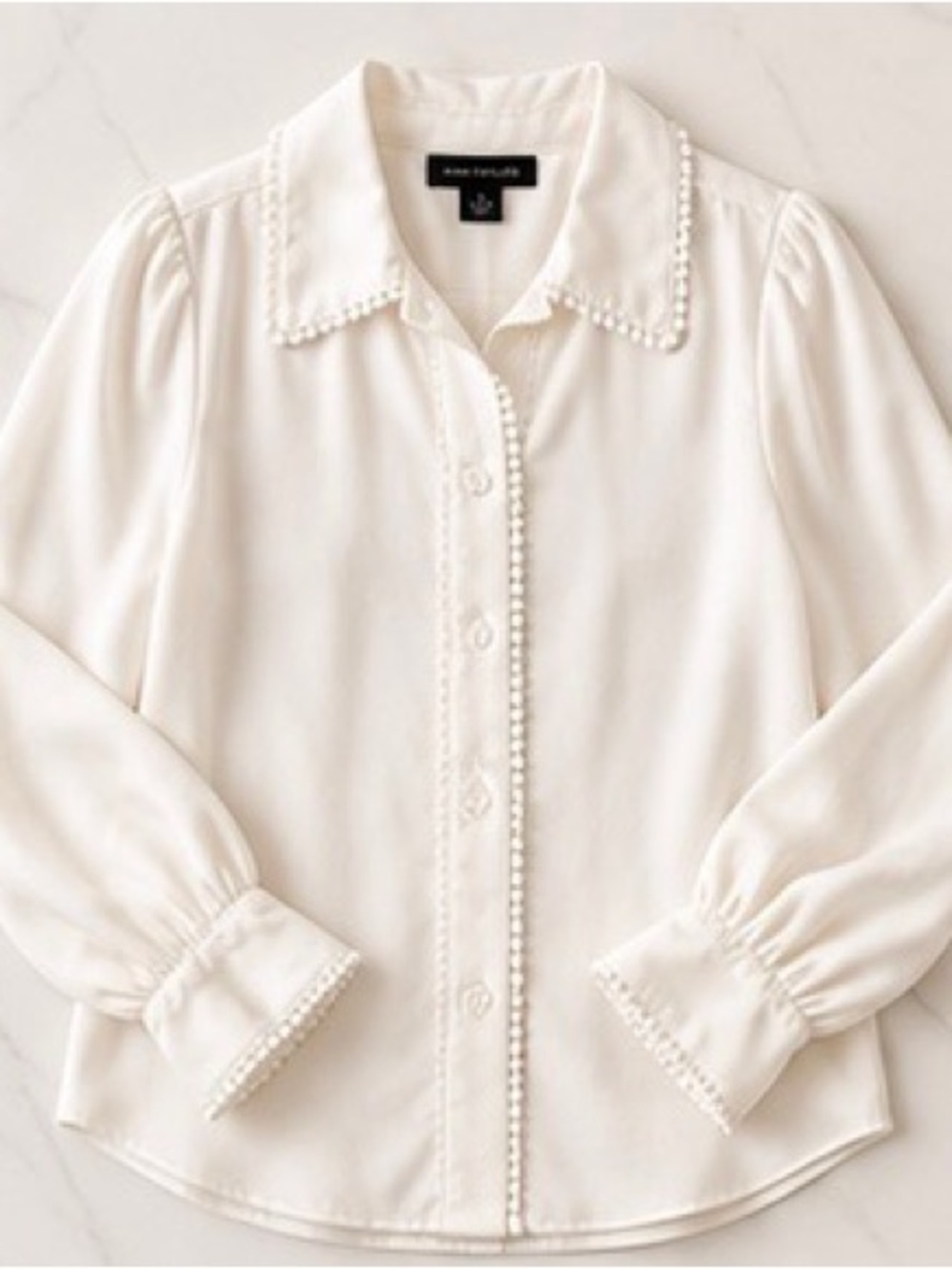 Ann Taylor Cream Button-Front Blouse with Pearl Trim